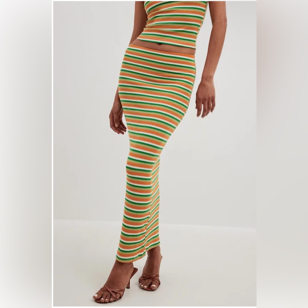 NA-KD Orange & Green Striped Pattern Maxi Pencil Bodycon Modest Stretch Skirt XL - Picture 7 of 15